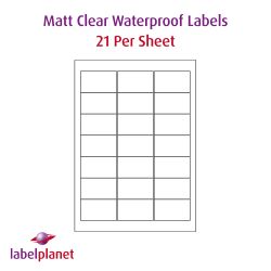 Matt Clear Polyester Labels For Laser Printers, 21 per sheet, 63.5 x 38.1mm, LP21/63 MTP