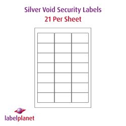 Matt Silver Security Void Polyester Labels For Laser Printers, 21 per sheet, 63.5 x 38.1mm, LP21/63 SVP