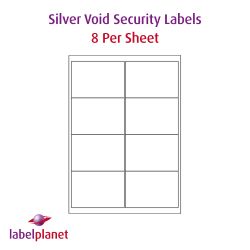 Matt Silver Security Void Polyester Labels For Laser Printers, 8 per sheet, 99.1 x 67.7mm, LP8/99 SVP