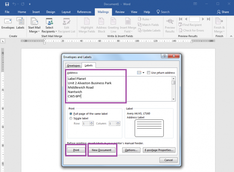 How To Print A Sheet Of Address Labels Using Create Labels In Word