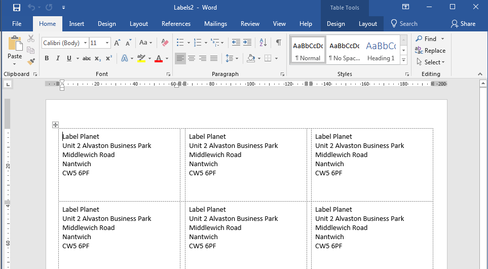 putting addresses in word for labels